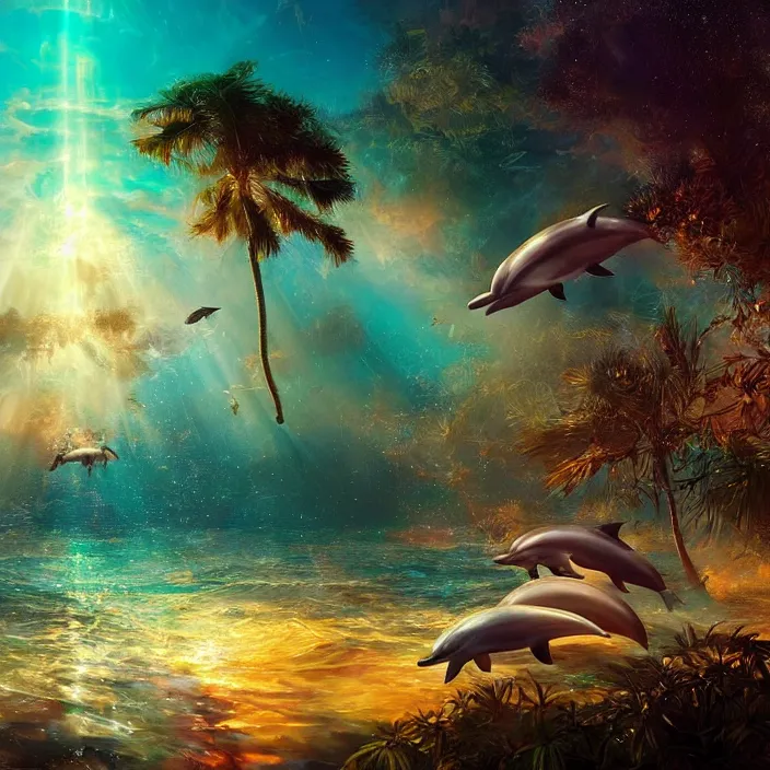 Image similar to dolphins swimming underwater, golden hour, god rays, coral reef, dreamscape by artgerm and ruan jia and ismail inceoglu and greg olsen, cosmos, milky way galaxy, masterpiece, beautiful, intricate, elegant, highly detailed, palm trees