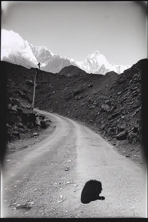 Image similar to photo polaroid of a sad and lonely child in the middle of a mountain road , Nepal,Himalayas, loneliness,,tahr , black and white ,photorealistic, 35mm film,