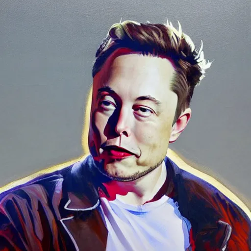 Image similar to a beautiful complex painting of elon musk sitting down and using his phone the back home is a window of the outside