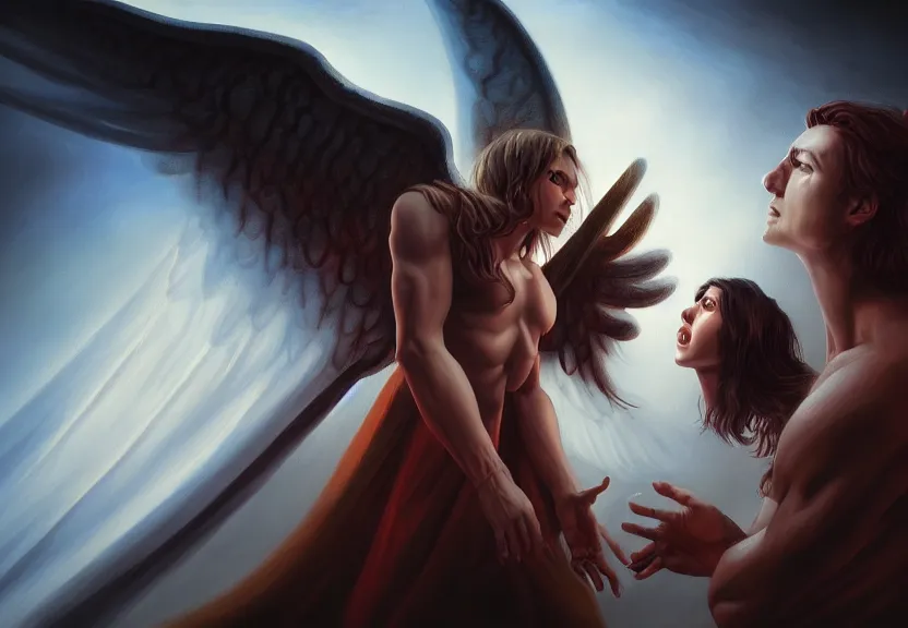 Image similar to a demon and an angel deom is afraid of the angel painting, good vs evil, highly detailed, digital painting, smooth, beautiful angle, weak demon, sharp focus, illstration, ultra realistic, dmon vs angle, heaven vs hell, 8 k, strong and powerful confident angle