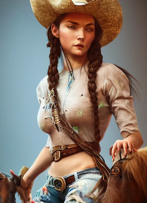 Prompt: detailed full body concept oil painting of a cowgirl, beautiful face, elegant pose, fantasy, illustration, insanely detailed and intricate clothing, octane render, 4k