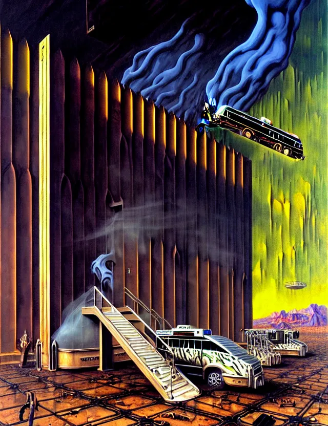 Image similar to huge gothic crematorium on desert planet, elevator, side ramp entrance ambulance smoke dead bodies, guards intricate, painting by lucian freud and mark brooks, bruce pennington, dark colors, neon, death, guards