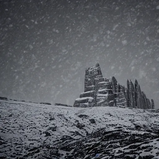 Prompt: a monolithic cathedral on a snowcapped mountain in the artic. grainy, snowing, overcast sky.