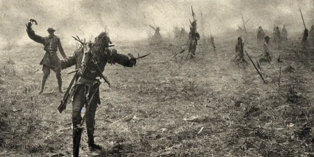 Image similar to scary unproportionable tall ghost creature in the middle of a battlefield, 1900s picture