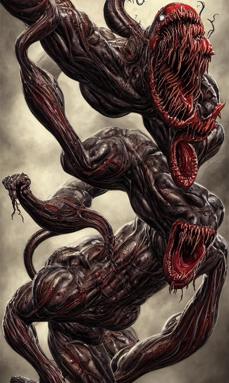 Prompt: hyper realist full body long shot portrait of bodybuilder venom legs from marvel comics!!!!, large mouth with teeth, large tongue, lovecraftian horror!!, fantasy, intricate, elegant, highly detailed, digital painting, artstation, concept art, matte, sharp focus, illustration, art by glenn fabry and giger