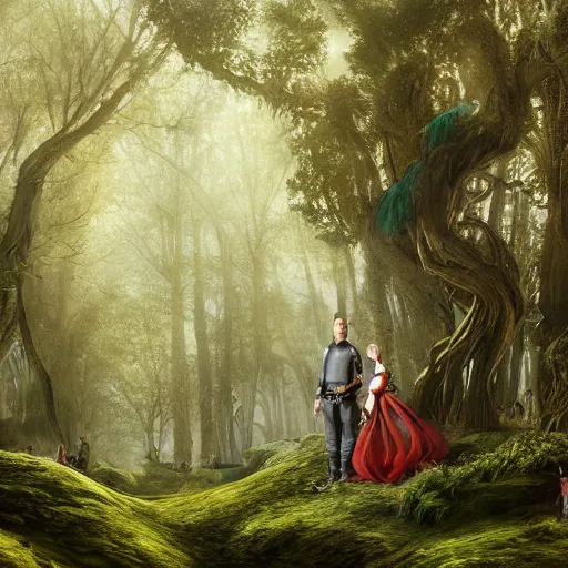 Image similar to female standing in a forest and a male knight standing next to her, 8 k, spotlight, cinematic lighting, global illumination, ambient occlusion, insanely detailed and intricate, hypermaximalist, elegant, ornate, hyper realistic, super detailed, by lee man fong, by pebble tay, by richard dadd, by wlop