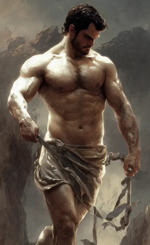 Image similar to Henry Cavill as a Greek god, gorgeous, amazing, muscular, intricate, highly detailed, digital painting, artstation, concept art, sharp focus, illustration, art by greg rutkowski and alphonse mucha