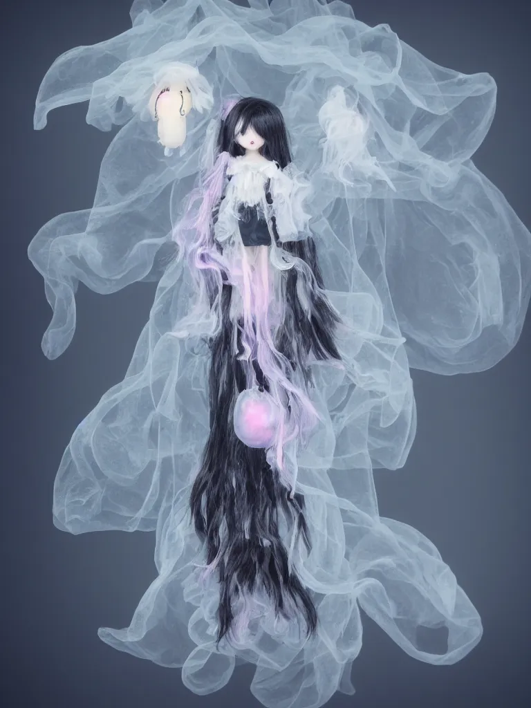 Image similar to cute fumo plush doll of an otherworldly translucent jellyfish goth maiden girl floating in the deep sea, mysterious tattered black tendrils and dress, wisps of volumetric fog and smoke, vignette, bokeh, vray
