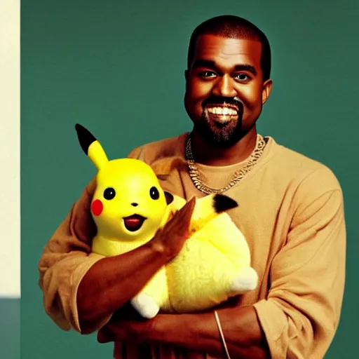 Prompt: Kanye West smiling and holding pikachu for a 1990s sitcom tv show, Studio Photograph, portrait C 12.0