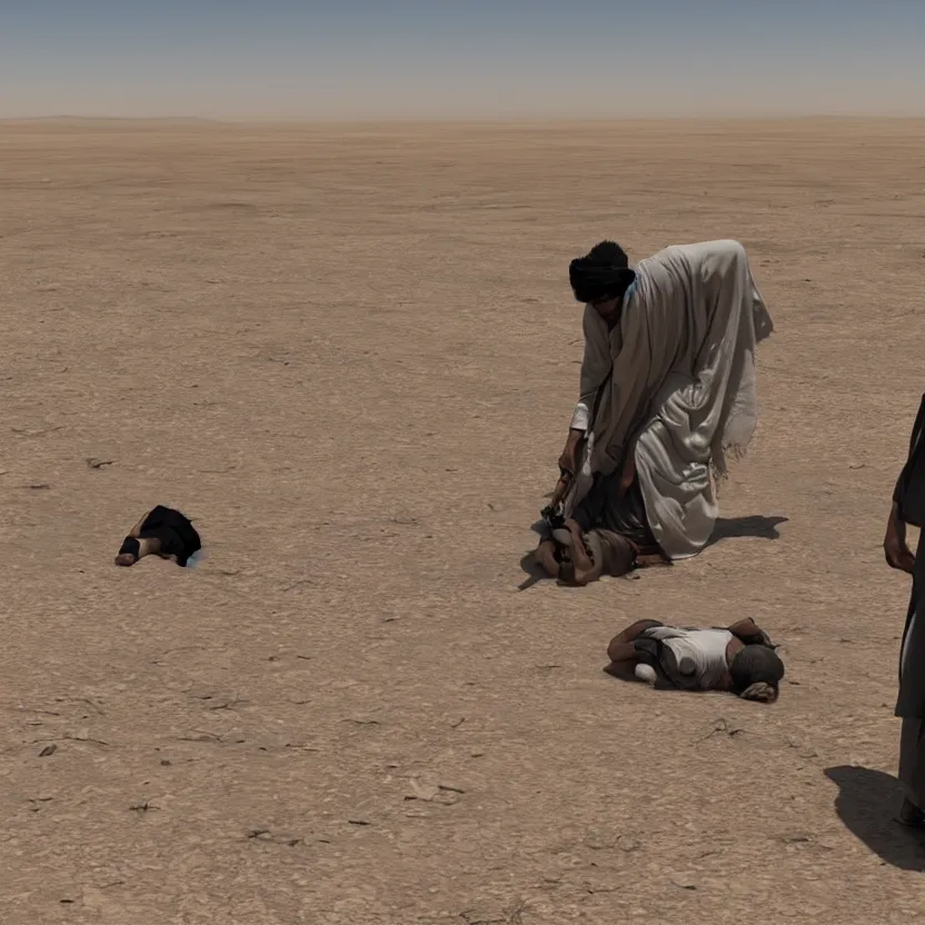 Prompt: a taliban terrorist beheads an usa citizen in the middle of a desert, ultra realistic, highly detailed, zoomed out, canon 3 5 mm photography