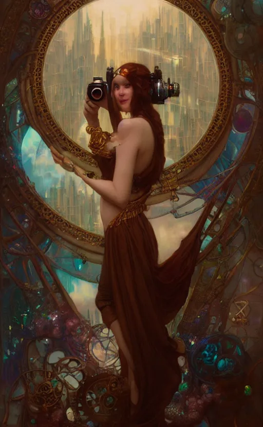 Image similar to hyper realistic photographer taking a picture, magical, gems, jewels, gold, steampunk, cyberpunk utopia, painted by tom bagshaw, mucha, gaston bussiere, craig mullins, j. c. leyendecker 8 k