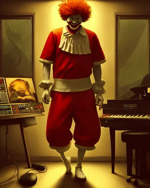 Image similar to ronald mcdonald with headphones at his home studio producing music late at night, very detailed, 4 k, concept art like ernest khalimov, intricate details, highly detailed by greg rutkowski, ilya kuvshinov, gaston bussiere, craig mullins, simon bisley