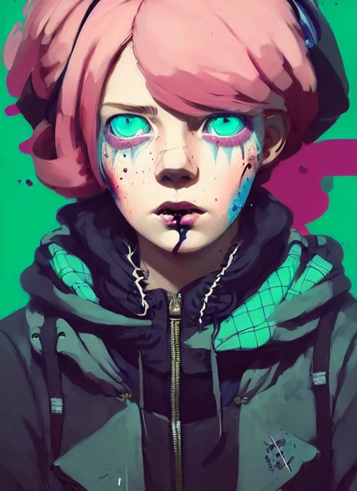 Prompt: highly detailed portrait of a sewer punk lady student, blue eyes, tartan hoody, pink hair by atey ghailan, by greg rutkowski, by greg tocchini, by james gilleard, by joe fenton, by kaethe butcher, gradient green, black, brown and magenta color scheme, grunge aesthetic!!! ( ( graffiti tag wall background ) )