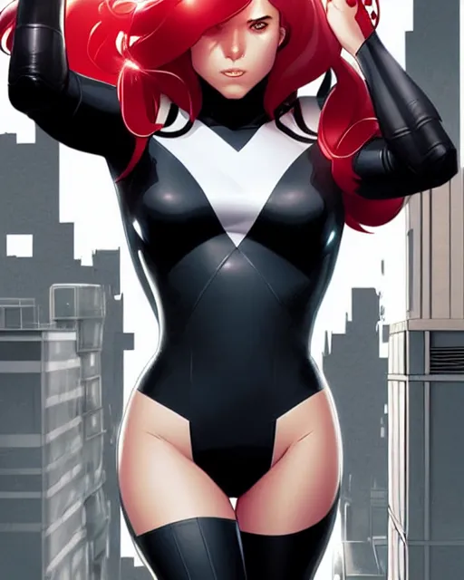 Prompt: phil noto comicbook cover art, artgerm, female domino marvel, black spot right eye, symmetrical eyes, long red hair, full body, city rooftop