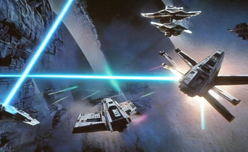 Prompt: iconic cinematic screen shot of scene x wing dogfighting tie fighters over waterfall canyon planet, from the action packed scene from the 1 9 7 0 s star wars sci fi film by stanley kubrick, glowing lasers, kodak film stock, anamorphic lenses 2 4 mm, lens flare, iconic cinematography, award winning