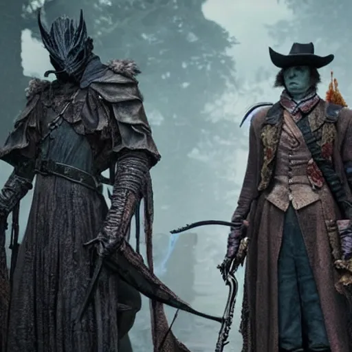 Prompt: A still image from the new Netflix live action adaptation 'Bloodborne', a hunter looks at a fancy cake