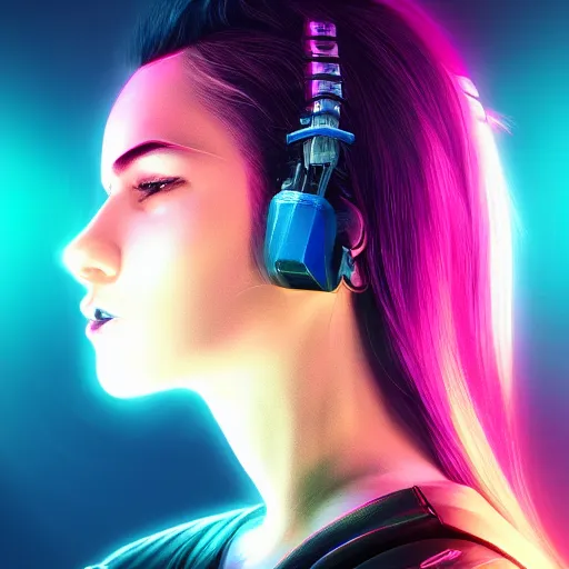 Prompt: A profile portrait of a woman,cyberpunk,full metal overlay,neon colors,neon background, f1.8, 50mm, vibrant light leaks,high detailed, intricate detail,high contrast, hyper realism 8k,trending on artstation.