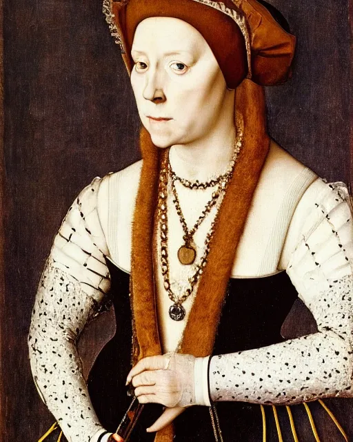 Prompt: “ a portrait of a german noblewoman holding a dagger by hans holbein ( 1 5 2 3 ), oil and tempera on oak ”