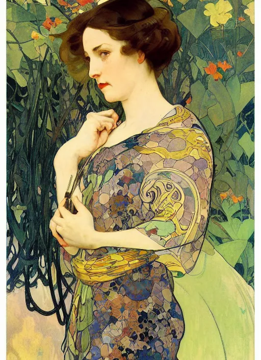 Prompt: an art nouveau copic maker portrait of a sad woman with big eyes wearing a snake kimono by john berkey by edward hopper, alphonse mucha, loish, norman rockwell