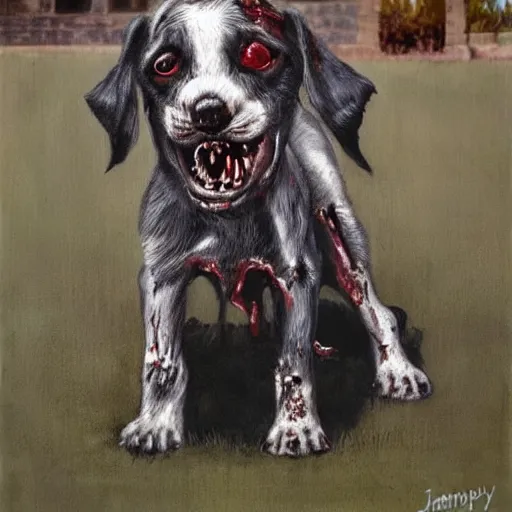 Image similar to a sinister zombie puppy. Painting by James Gurney