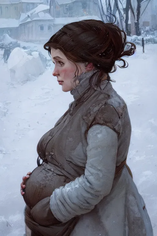 Image similar to portrait of a pregnant woman in the besieged Leningrad in winter, terror, fear, digital painting, artstation, concept art, smooth, sharp focus, illustration, art by artgerm and greg rutkowski and alphonse mucha