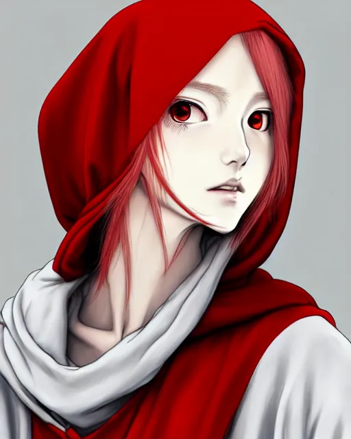 Image similar to portrait Anime white woman with red hair; cloak with hood || pretty face, realistic shaded Perfect face, fine details. Anime. realistic shaded lighting by Kim Jung Gi