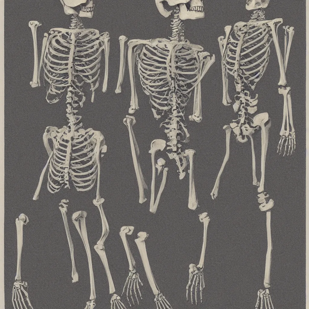 Image similar to vintage risograph of realistic skeleton