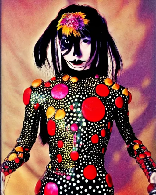 Image similar to portrait of a skinny punk goth yayoi kusama wearing armor by simon bisley, john blance, frank frazetta, fantasy, thief warrior, floral flowers colorful