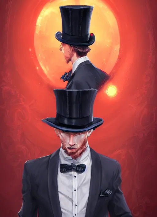 Prompt: a highly detailed illustration of stylish top hat wearing red haired attractive man, wearing suit vest, cool flashy posing, intricate, elegant, highly detailed, centered, digital painting, artstation, concept art, smooth, sharp focus, league of legends concept art, WLOP