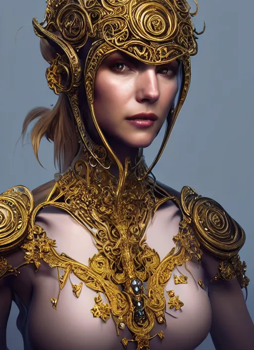 Prompt: a portrait of female in wearable sculpture art, ornate, metal works, intricate details, elegant, highly detailed, digital photography, artstation, glamor pose, concept art, smooth, sharp focus, art by artgerm and greg rutkowski, 3 d character, full body, film, photorealistic, unreal engine