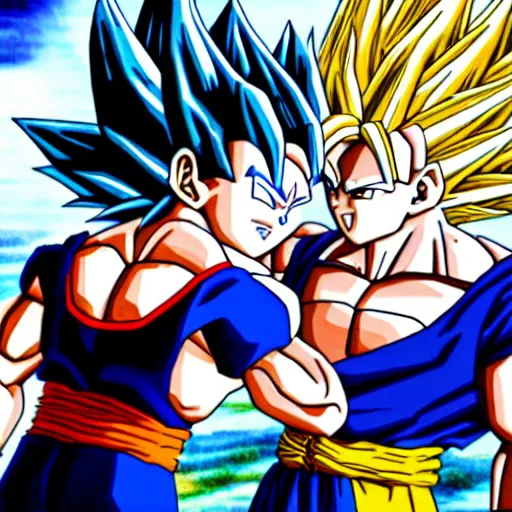 Prompt: goku and vegeta kissing, 4 k, in the style of dragon ball z