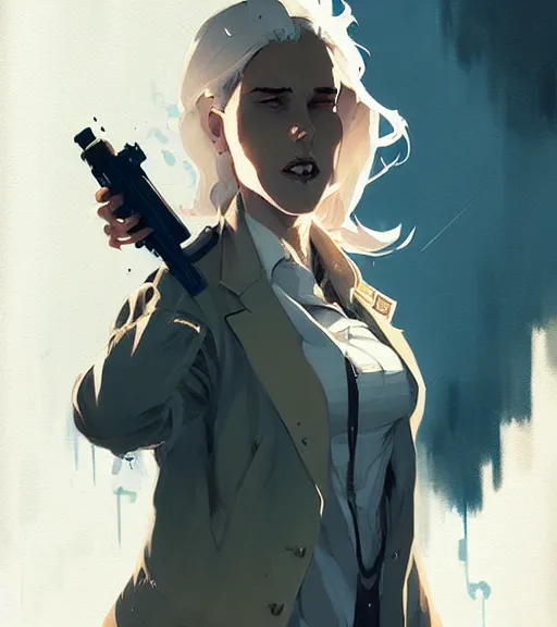 Prompt: portrait of a female john constantine by atey ghailan, by greg rutkowski, by greg tocchini, by james gilleard, by joe fenton, by kaethe butcher, dynamic lighting, gradient light blue, brown, blonde cream and white color scheme, grunge aesthetic