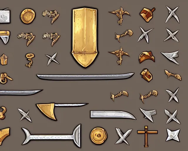 Prompt: illustrated videogame inventory icon for a metallic medieval sword, magical, game ui asset design