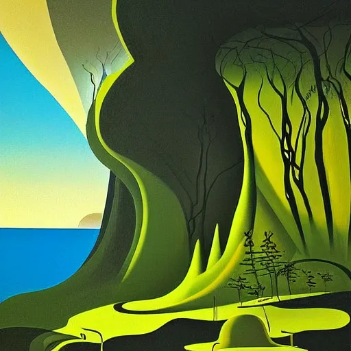 Image similar to painting of a lush natural scene on an alien planet by eyvind earle. magical realism. very detailed. beautiful landscape. weird vegetation. cliffs and water.