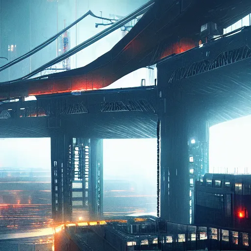 Image similar to the dark citadel of machines at the edge of the world, Blade Runner style, industrial towers, huge mechanical bridges, photorealistic, octane render, 8k