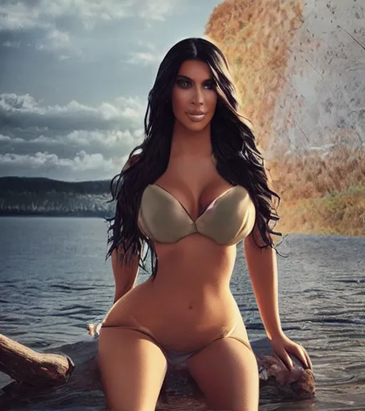 Image similar to professional photo of kim kardashian wearing a hooters outfit, posed by a lake, intricate, elegant, highly detailed, cinematic, instagram, sleek, smooth, sharp focus, illustration, by maxim magazine