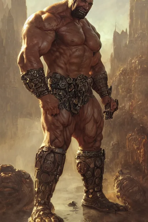 Image similar to ultra realistic illustration,, a hulking herculean dave bautista with leather armour, from doom and warhammer, intricate, elegant, highly detailed, digital painting, artstation, concept art, smooth, sharp focus, illustration, art by artgerm and greg rutkowski and alphonse mucha