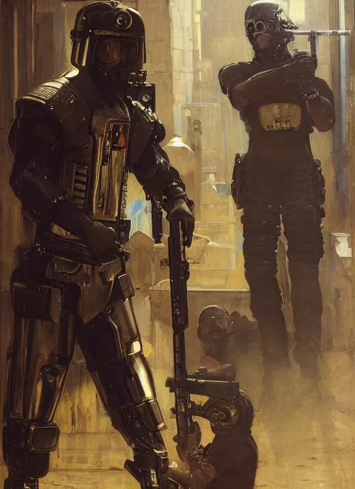 Image similar to Hector. cyberpunk Riot police wearing a military vest and military cyberpunk armor (cyberpunk 2077). Iranian orientalist portrait by john william waterhouse and Edwin Longsden Long and Theodore Ralli and Nasreddine Dinet, oil on canvas. Cinematic, hyper realism, realistic proportions, dramatic lighting, high detail 4k