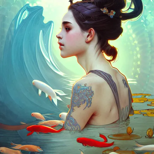 Image similar to Portrait of a girl surrounded by Koi fish, face, fantasy, intricate, elegant, highly detailed, digital painting, artstation, concept art, smooth, sharp focus, illustration, art by Fernanda Suarez and Artem Demura and alphonse mucha