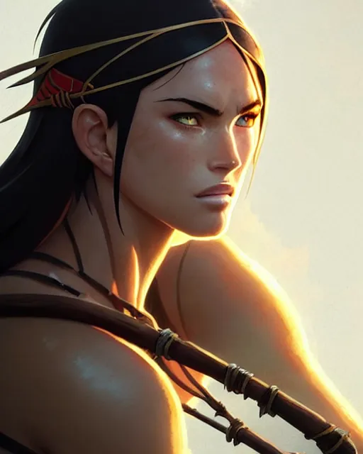 Image similar to azctec warrior, megan fox, detailed perfect face, exquisite details, fire magic, mid view, design on a white background, by studio muti, greg rutkowski makoto shinkai takashi takeuchi studio ghibli