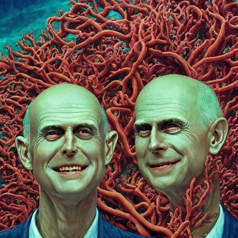 Prompt: Hyperrealistic intensely colored close up studio Photograph portrait of deep sea bioluminescent Senator Rick Scott, symmetrical face realistic proportions eye contact tentacles, Grinning in a coral reef underwater, award-winning portrait oil painting by Norman Rockwell and Zdzisław Beksiński vivid colors high contrast hyperrealism 8k