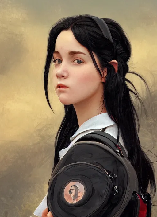 Prompt: Close-up portrait of kind young woman with black hair in pig tails, with a backpack, slightly dirty face, transparent background, png, highly detailed, digital painting, artstation, concept art, sharp focus, illustration, art by artgerm and greg rutkowski and alphonse mucha