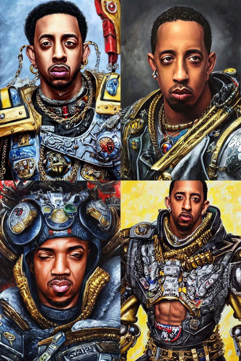 Prompt: a hyper detailed portrait painting of the rapper Ludacris as a Primarch from Warhammer 40k in the style of Adrian Smith