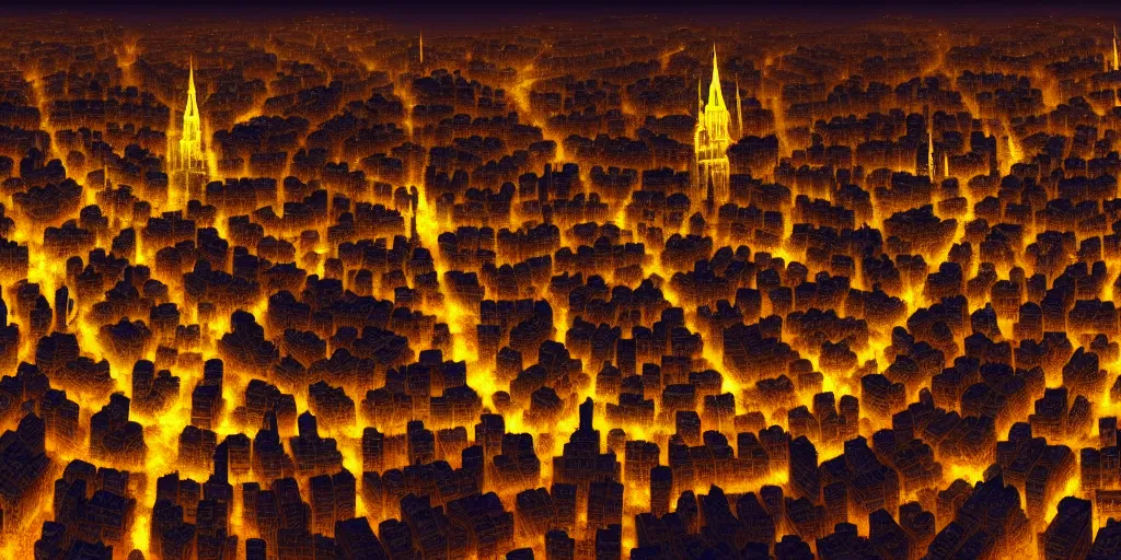 Image similar to magical city of the Great Tartarian Empire adorned with amazing lost technology, lights resembling fireflies, spires from rooftops collecting and distributing etheric energy, cityscape seen at night from above, combining intense detail & utmost quality, Christian Hecker, Artstation, - H 832