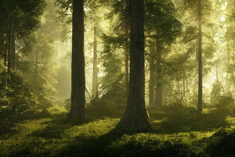 Prompt: A beautiful hyper realistic detailed photo of the inside deep forest with high trees, bushes of blueberry, dynamic lighting, cinematic lighting, lit by morning light, unreal engine, high detailed, featured on artstation