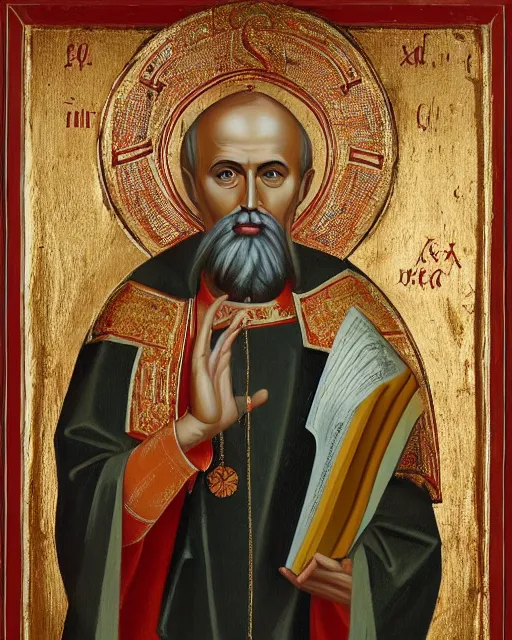 Image similar to portrait of full - length icon of saint nicholas by jaroslav cermak, showing him with a halo, dressed in clerical garb, and holding a book of the scriptures in his left hand while making the hand gesture for the sign of the cross with his right, by peter andrew jones, hd, hyper detailed, 4 k