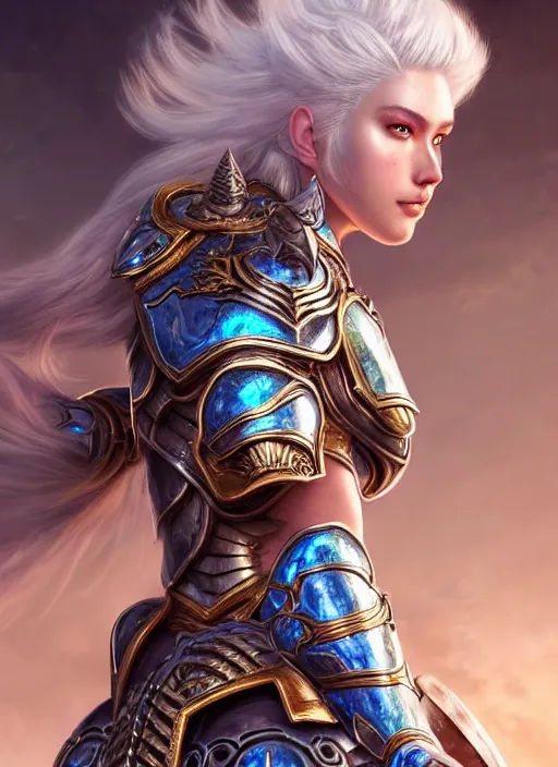 Image similar to warrior, intricate ornate opal heavy armor!!! beautiful and athletic white hair female!! gorgeous face and eyes!! character concept art, sharp focus, octane render! unreal engine 5! highly rendered!! trending on artstation!! detailed linework!! illustration by artgerm, wlop, and chie yoshii