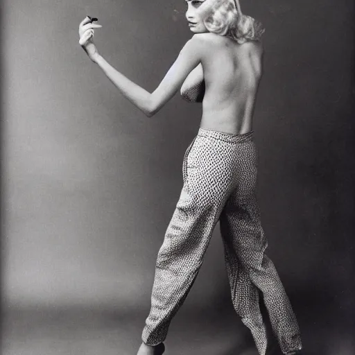 Image similar to photograph by richard avedon of olive skinned blonde female in her thirties wearing designer clothes