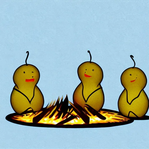 Image similar to anthropomorphic prunes sit around a campfire having a discussion on the taste of pineapples, digital art