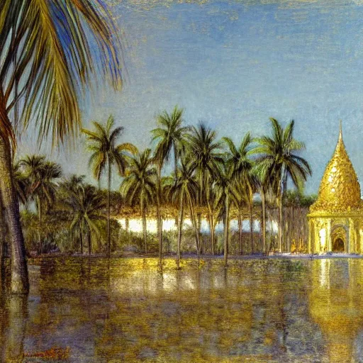 Prompt: a ultradetailed beautiful painting of a golden palace on amazonas by jules bastien - lepage, hans belmer, frank weston and gustave baumann, trending on artstation, mediterranean, palm trees, light sparkles, sharp focus, soft light